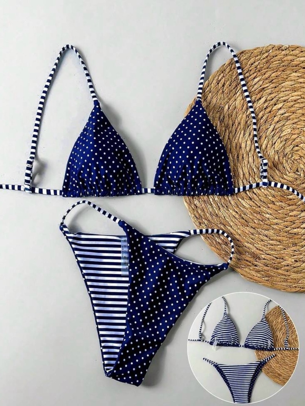 Reversible Navy Polka Dot & Stripe Triangle Bikini Set